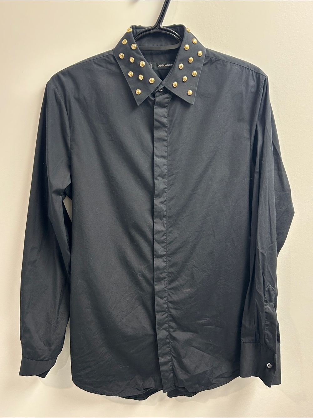 DSQUARED2 Black Long-Sleeve Shirt with Gold Stud Collar